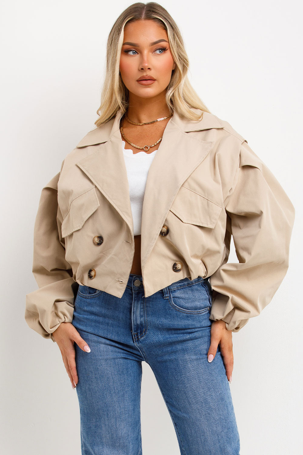 womens zara double breasted short trench jacket with long sleeves styledup