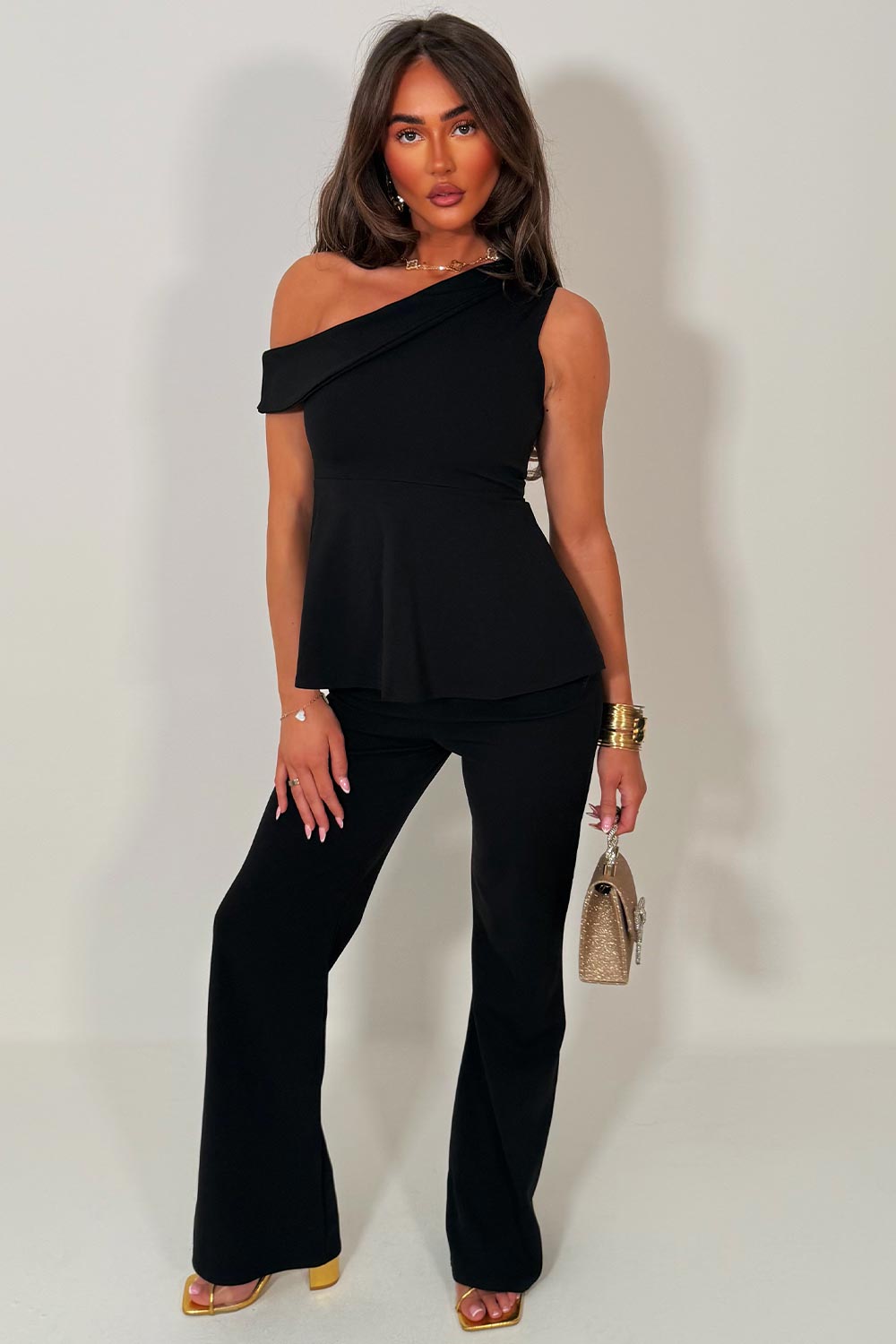 womens one shoulder peplum top and wide leg trousers two piece matching outfit uk