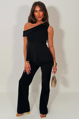 womens one shoulder peplum top and wide leg trousers two piece matching outfit uk