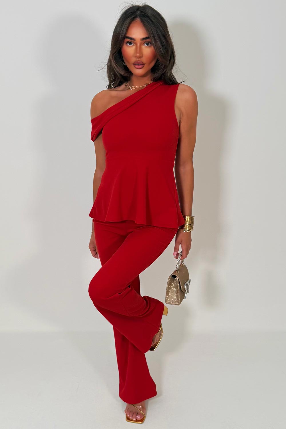 womens one shoulder peplum top and wide leg trousers two piece matching outfit uk