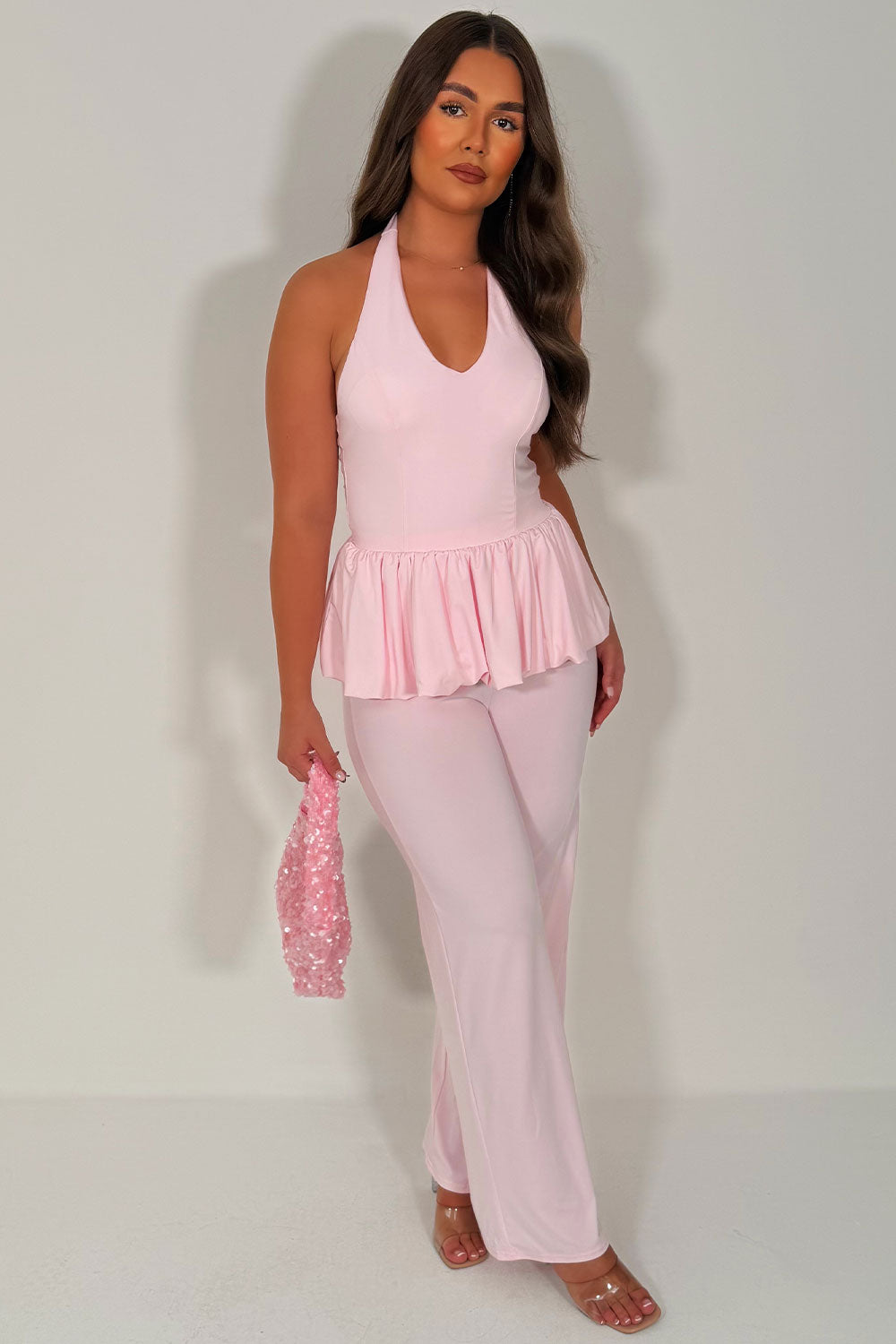 womens wide leg trousers and halterneck top co ord set styledup uk