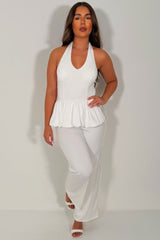 womens halterneck peplum top and trousers co ord set styledup uk