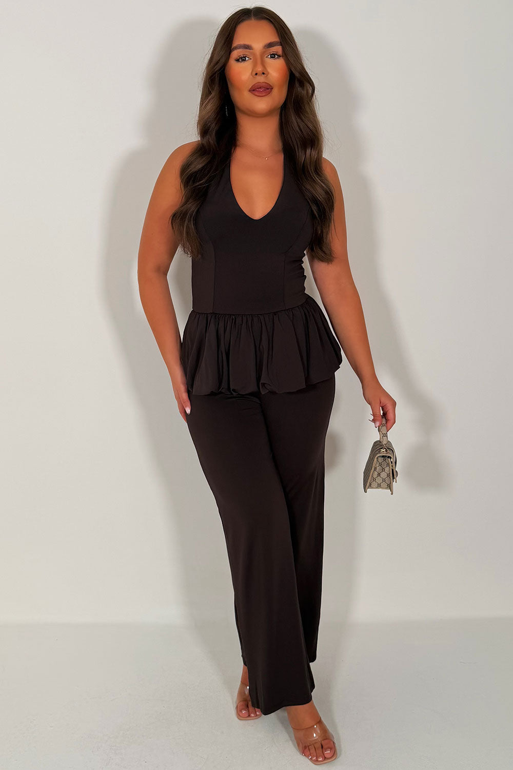 zara womens wide leg trousers and halter neck peplum balloon hem top co ord summer holiday outfit styledup uk