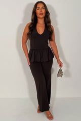 zara womens wide leg trousers and halter neck peplum balloon hem top co ord summer holiday outfit styledup uk