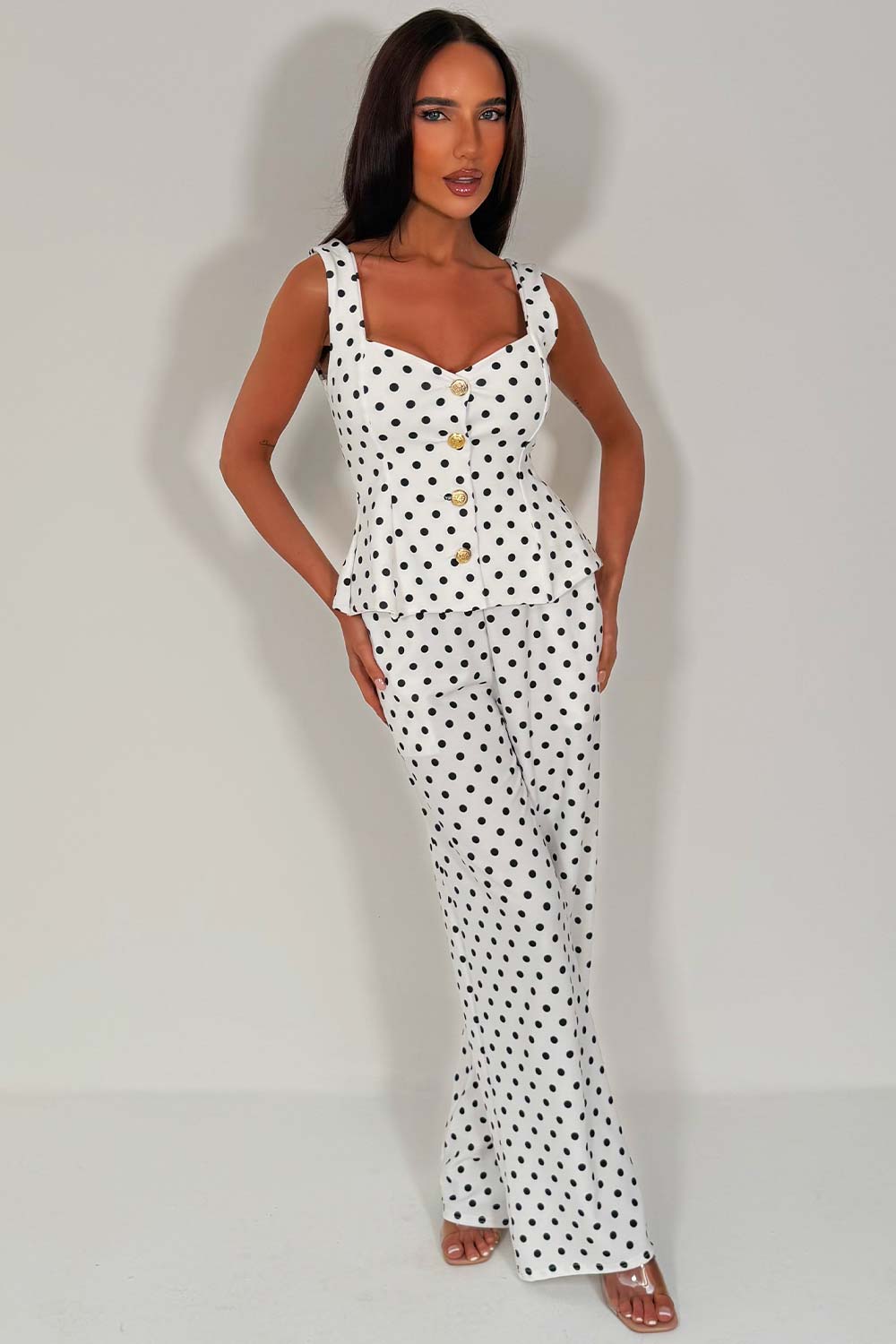 polka dot top and trousers two piece co ord with gold buttons zara womens going out occasion outfit uk