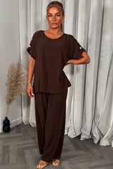 womens christmas party outfit top with gold button shoulder and matching trousers two piece co ord set 