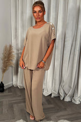 gold button shoulder top and trousers co ord set christmas party outfit