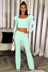 trousers and long sleeve crop top two piece co ord going out summer holiday occasion outfit