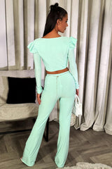 frilly long sleeve crop top and trousers co ord festival rave going out outfit