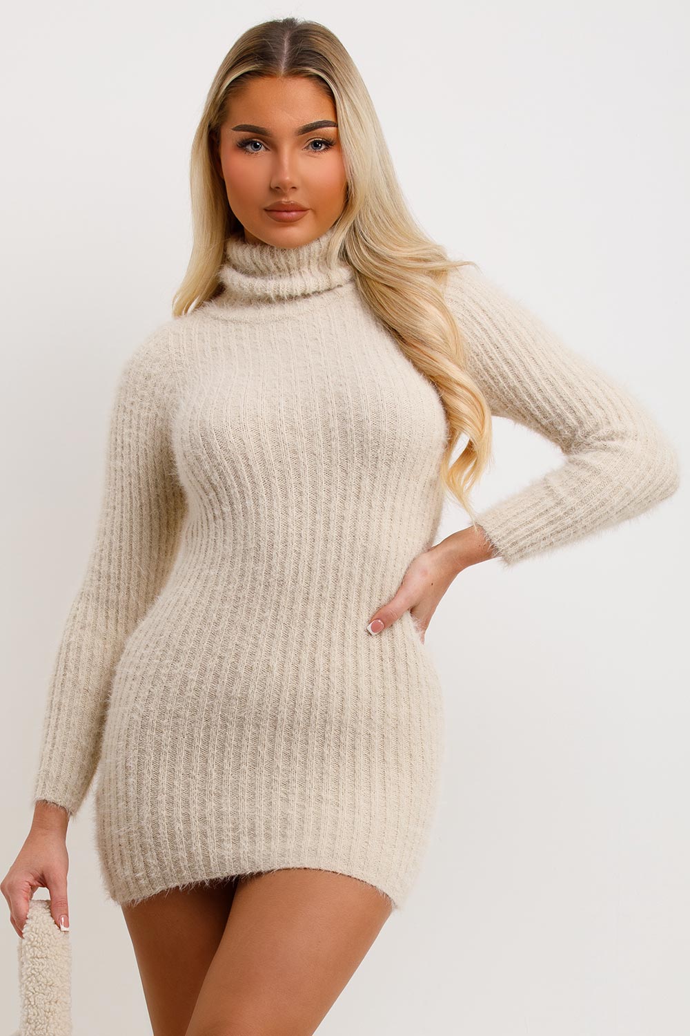 roll neck knitted fluffy jumper dress with long sleeves christmas dress