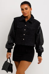 womens crop tweed jacket with faux leather sleeves