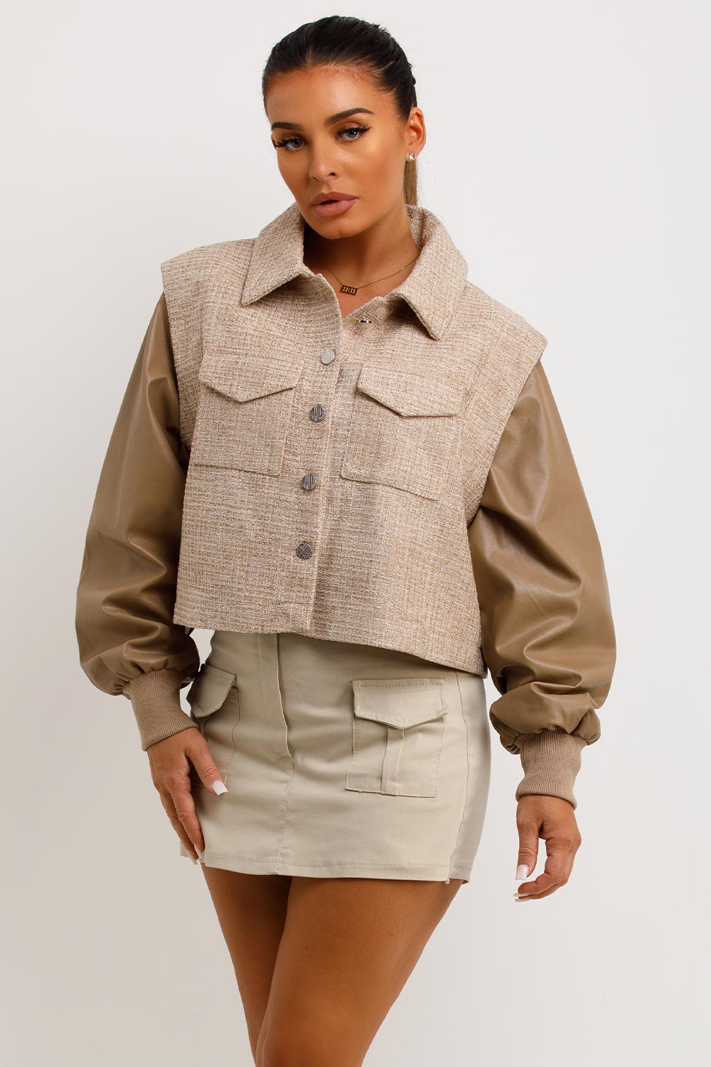 faux leather faux tweed bomber jacket womens