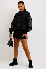 womens faux leather sleeve tweed bomber jacket