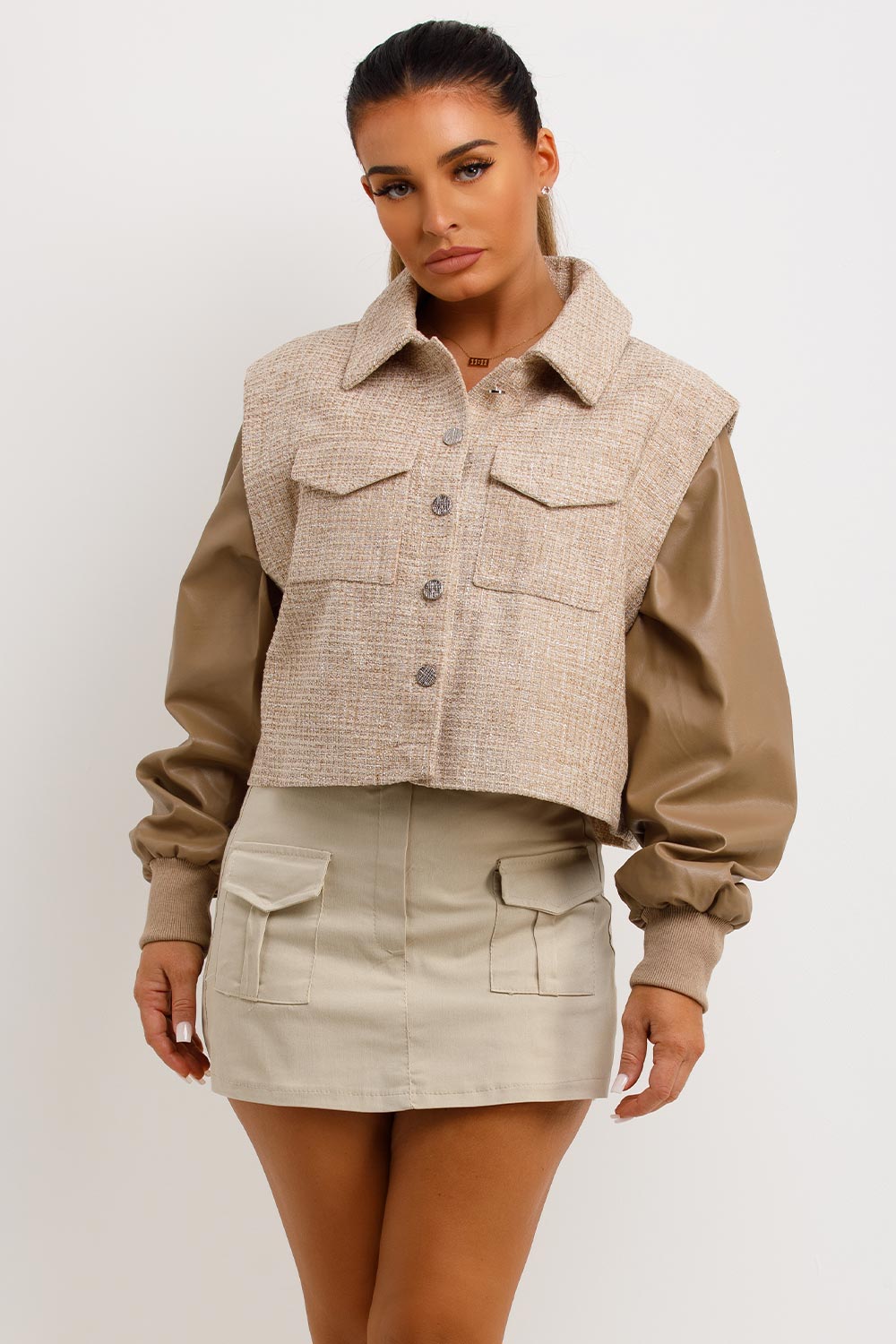 womens tweed bomber jacket with faux leather sleeevs