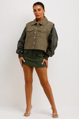 womens tweed bomber jacket with faux leather sleeves