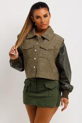 womens tweed jacket with faux leather sleeves