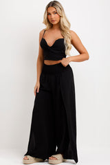 womens wide leg trouser with side split and crop top two piece set