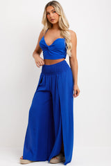 womens wide leg trouser with side split and crop top two piece set
