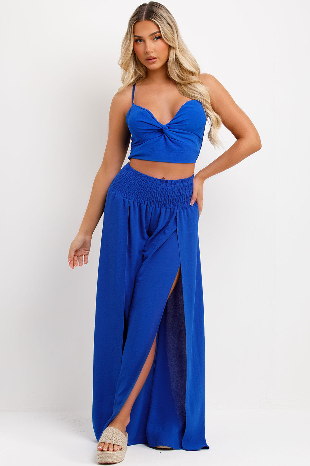 wide leg trouser and crop top two piece set womens