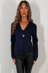 womens long sleeve knitted jumper cardigan with gold button