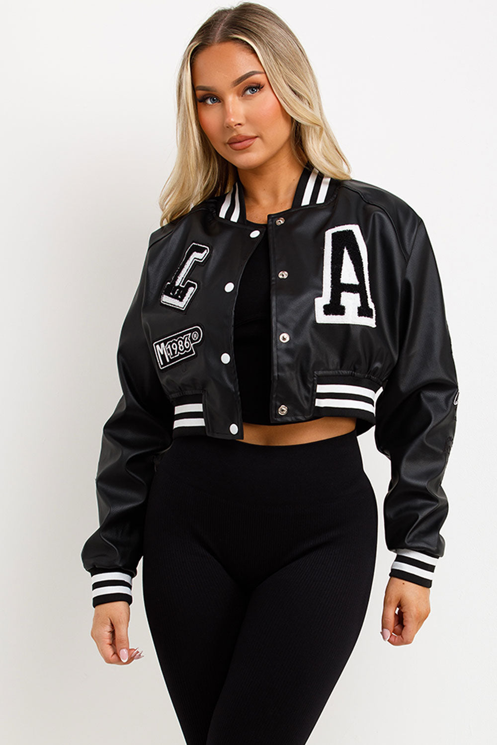 faux leather crop bomber jacket la detail