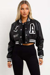 womens faux leather bomber jacket varsity