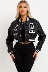 womens crop faux leather la bomber jacket