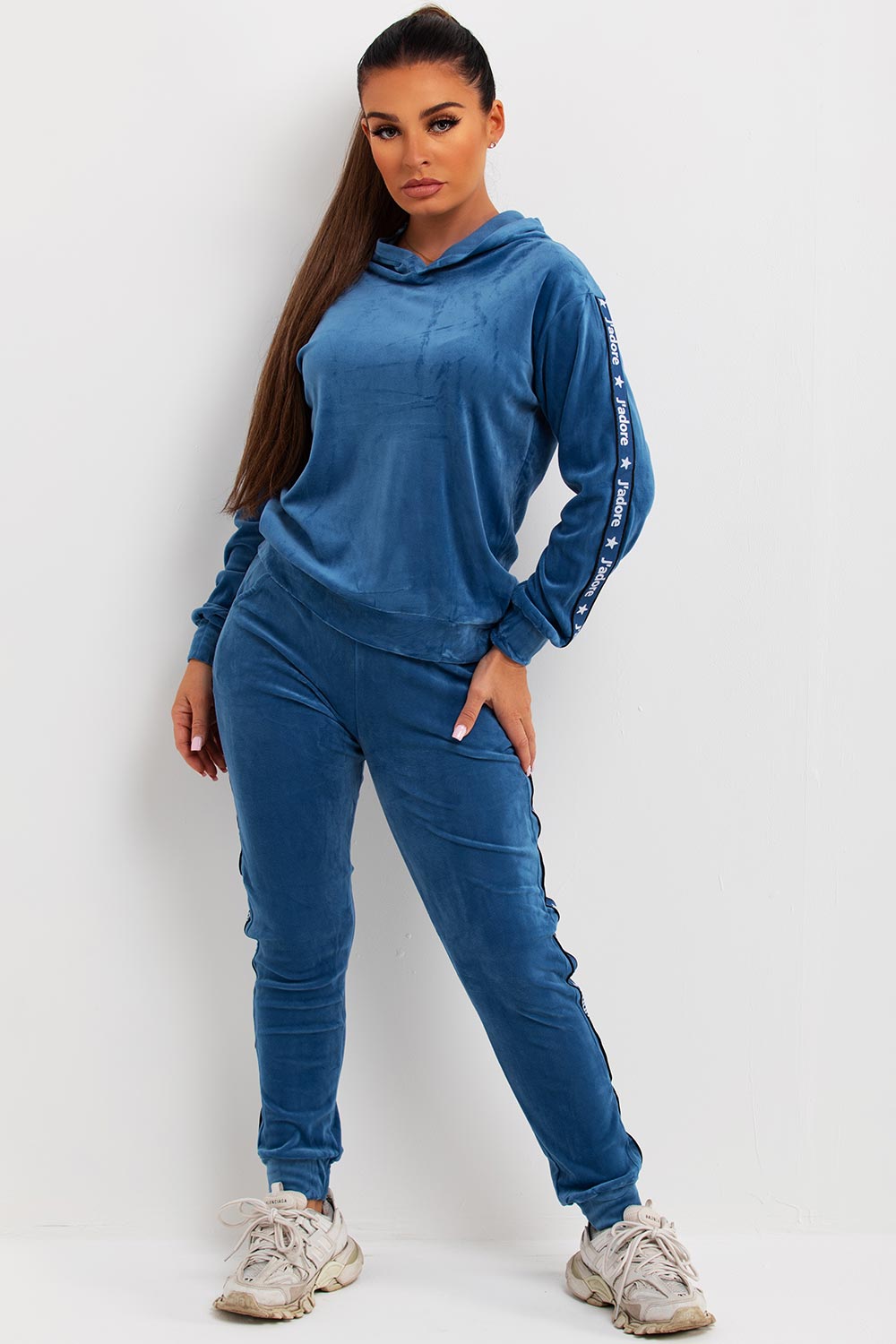 womens velour hoodie and joggers tracksuit co ord set with jadore slogan
