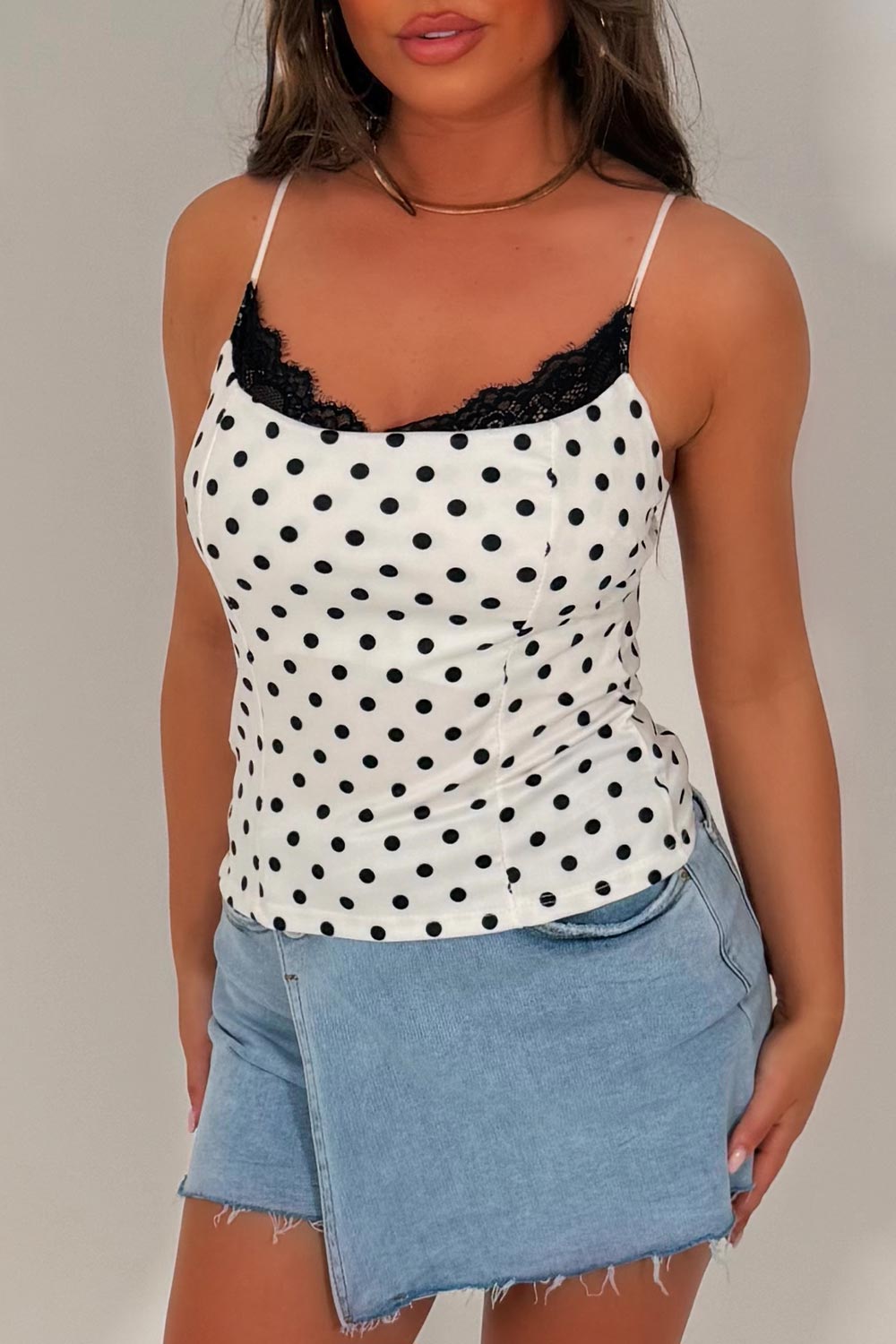 lace trim polka dot top going out top styledup whitefox