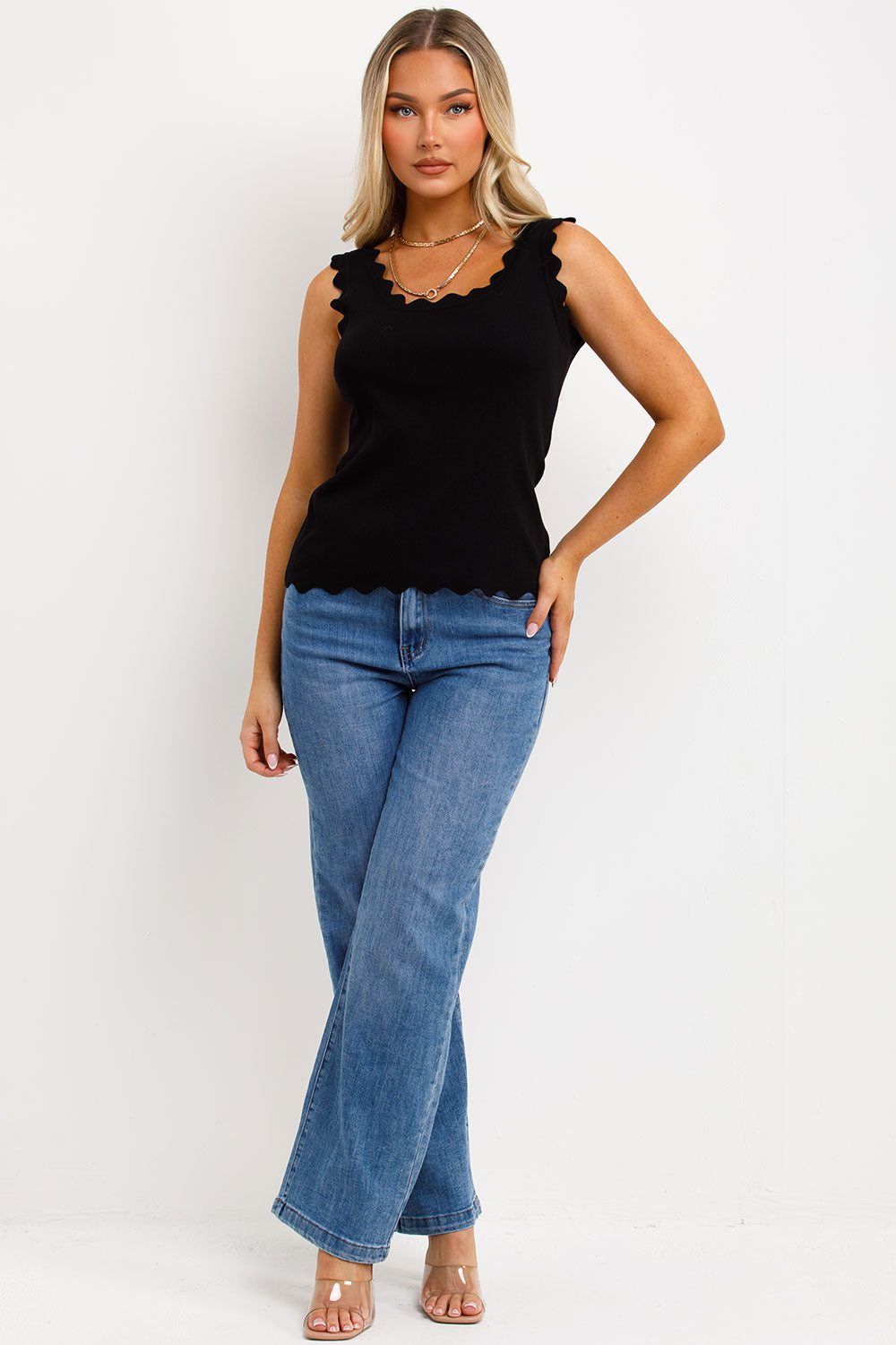 womens knitted top with scalloped neck