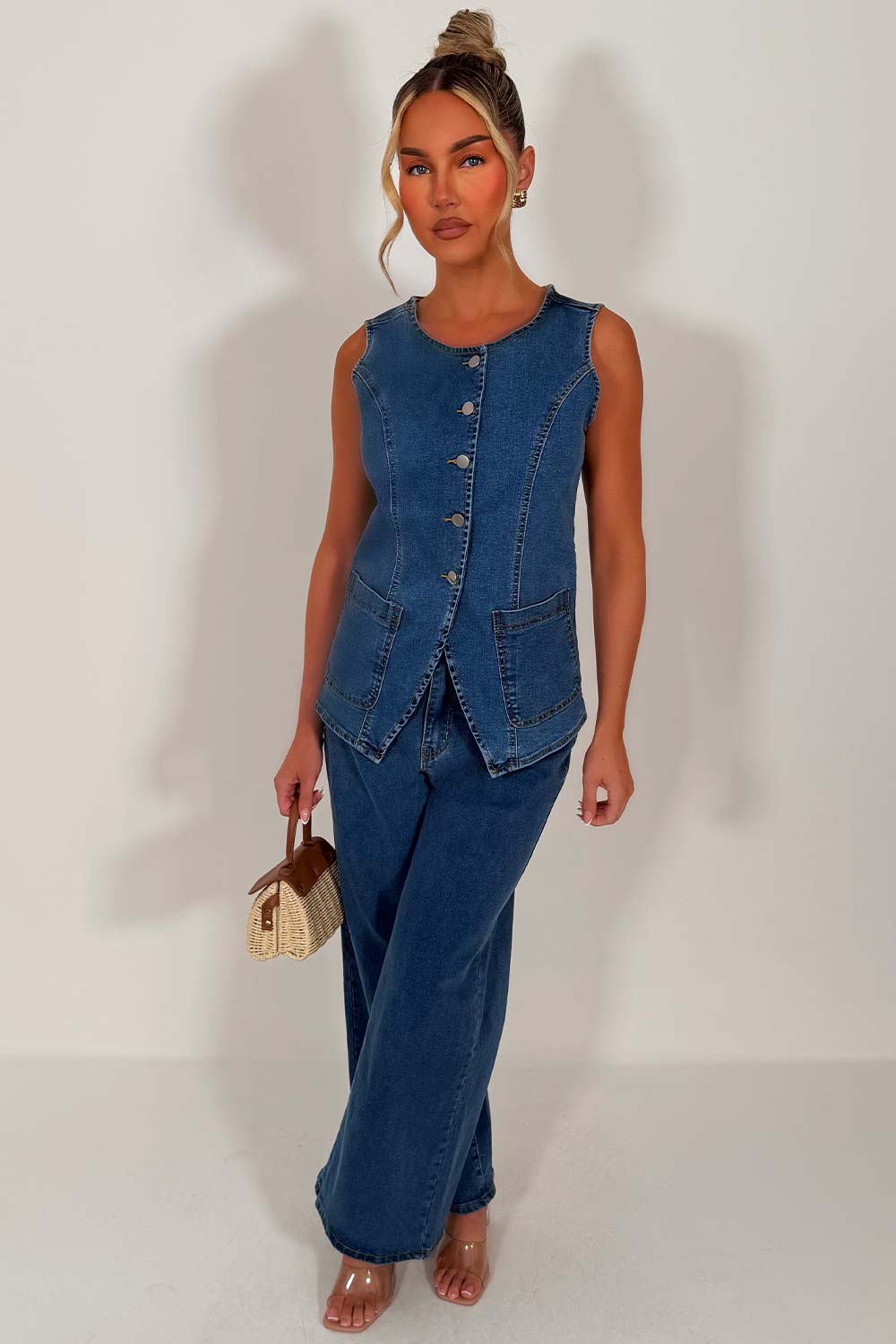 womens waist coat and wide leg jeans denim blue co ord styledup uk