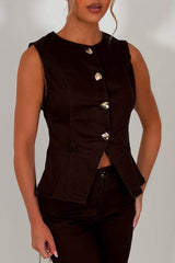 denim wide leg jeans and waist coat summer two piece brown styledup