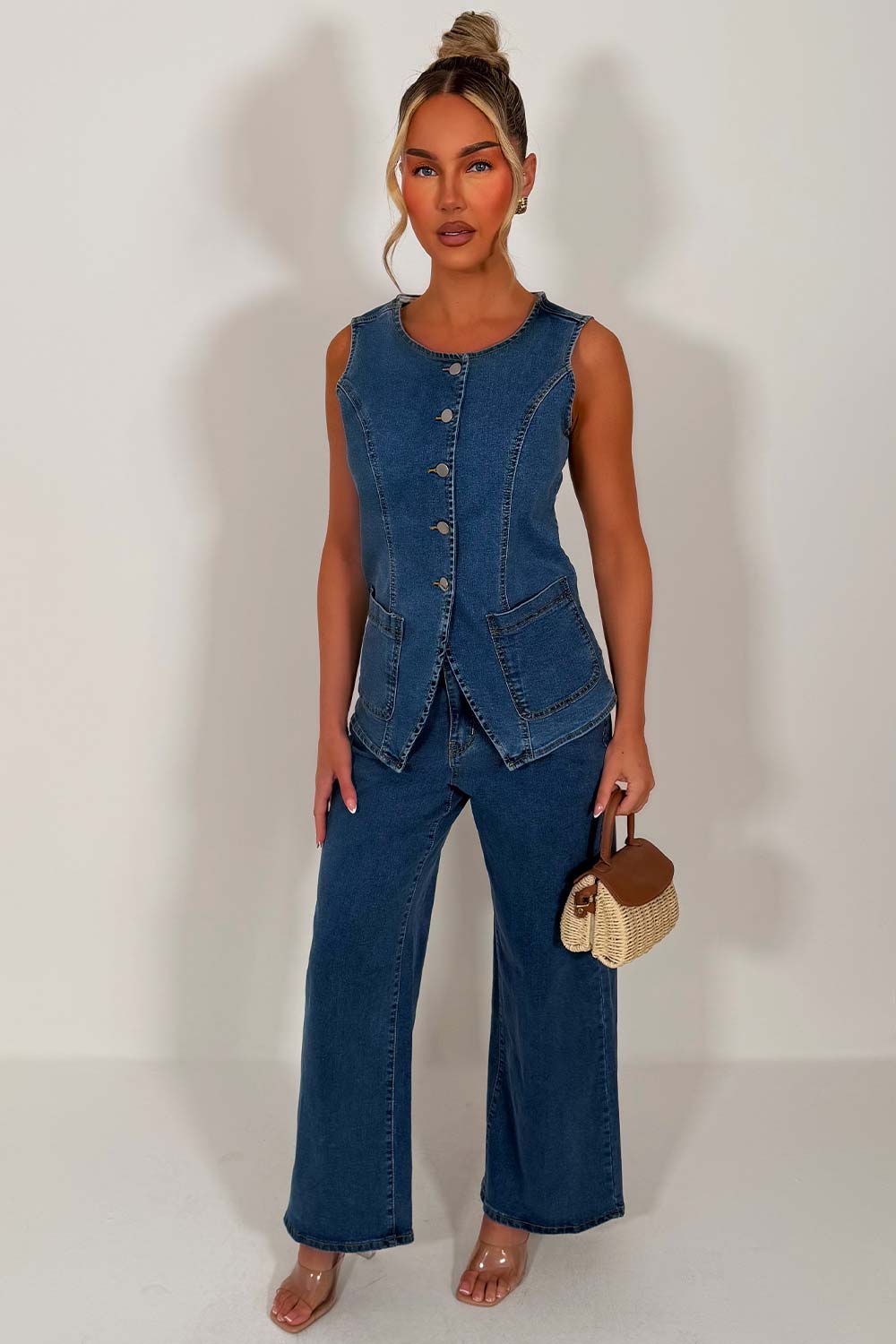 denim wide leg jeans and waist coat summer two piece blue styledup