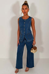 denim wide leg jeans and waist coat summer two piece blue styledup
