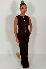 waistcoat and wide leg jeans matching denim two piece set brown styledup