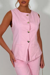 denim wide leg jeans and waist coat summer two piece pink styledup