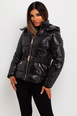 womens black shiny puffer jacket with hood back to school