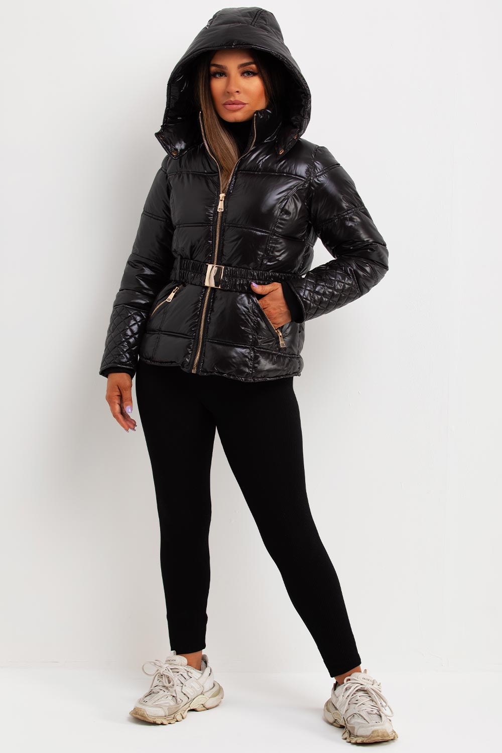 womens black shiny puffer jacket with hood and belt