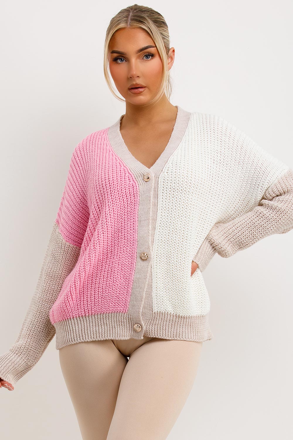 womens knitted cardigan with button front two tone