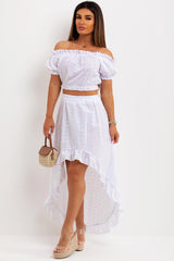 broderie anglaise high low ruffle frilly mullet skirt and top co ord summer holiday occasion outfit uk