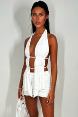 ruched halter neck open front backless top and mini skirt two piece co ord festival rave outfit