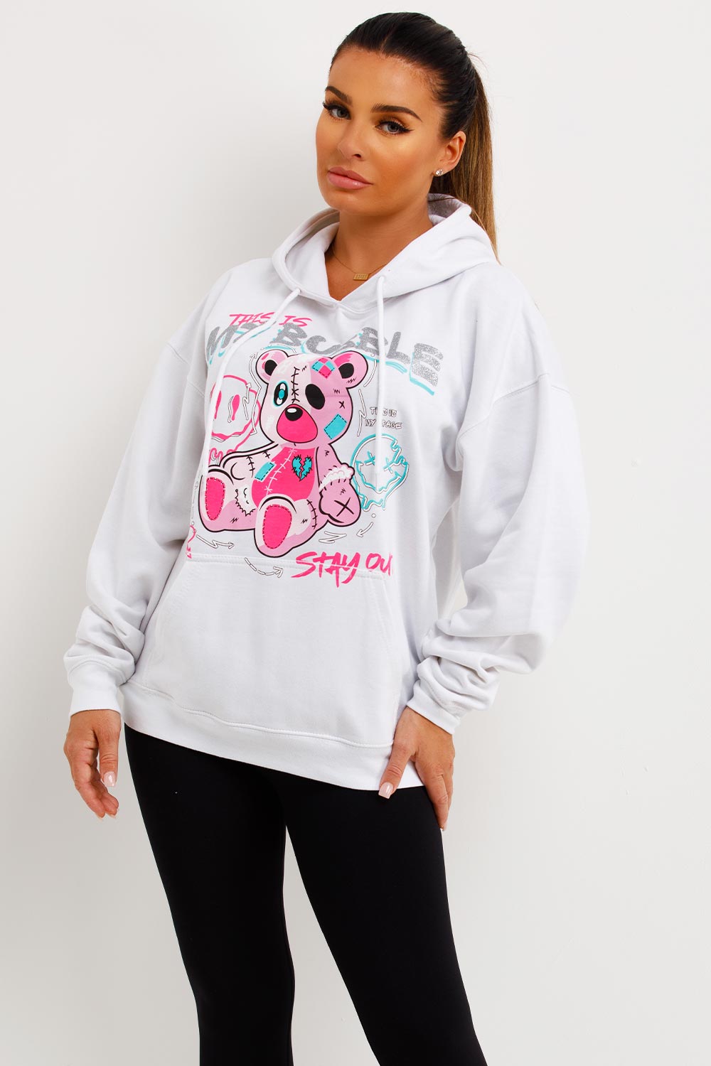 womens white oversized hoodie with teddy bear graphics sale uk