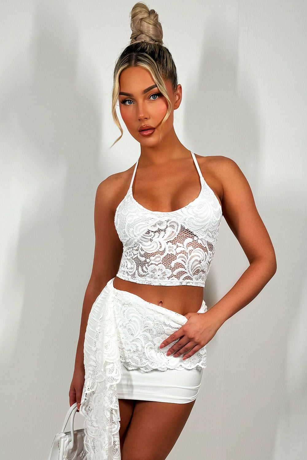 white lace top and skirt co ord set with drape detail summer holiday festival outfit styledup