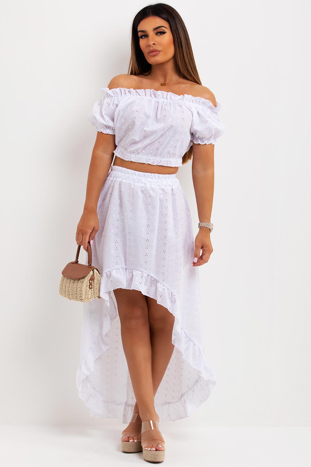 broderie anglaise off shoulder top and high low ruffle frilly mullet skirt two piece set summer occasion outfit