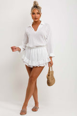 womens white frilly shorts and top co ord set summer holiday outfit