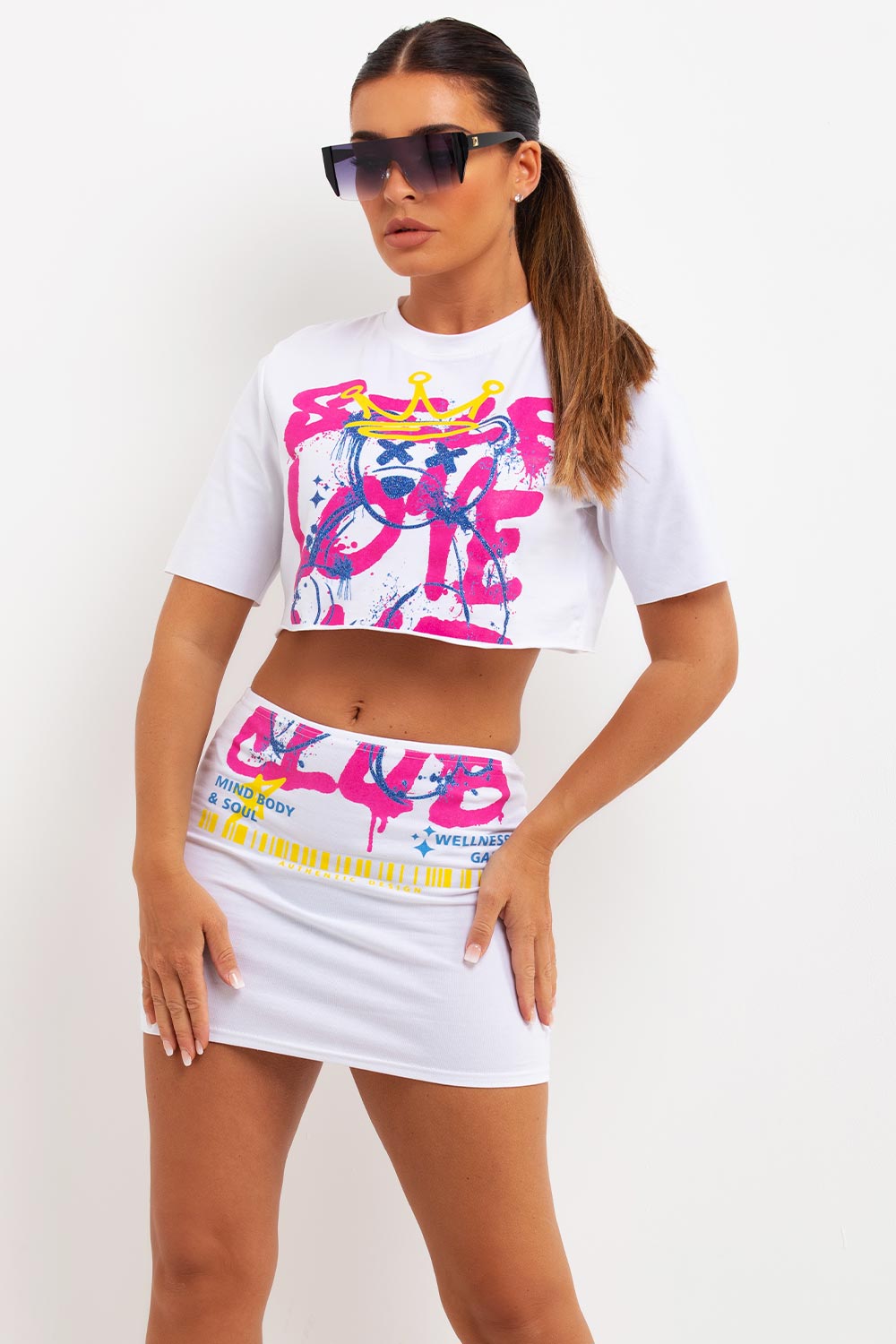 self love club neon print crop t shirt and mini skirt co ord