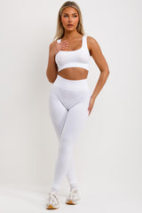 womens white ribbed seamless high waist leggings and crop top co ord set