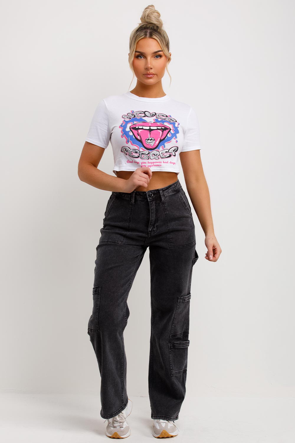 womens crop t shirt with never regret slogan and lips graphics