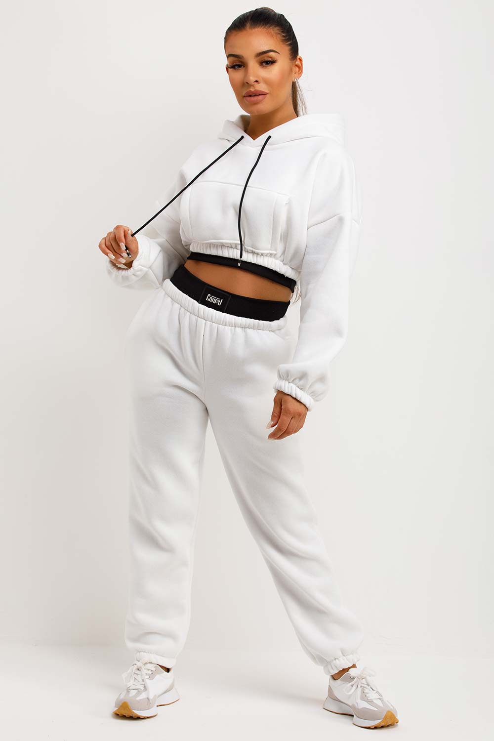 womens white crop hoodie and joggers co ord set