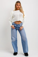 womens cable knit puff shoulder jumper